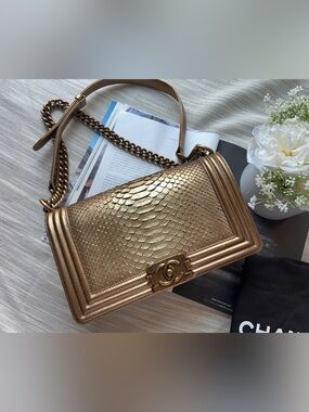 Chanel Metallic Gold Python and Leather Medium Boy Flap Bag